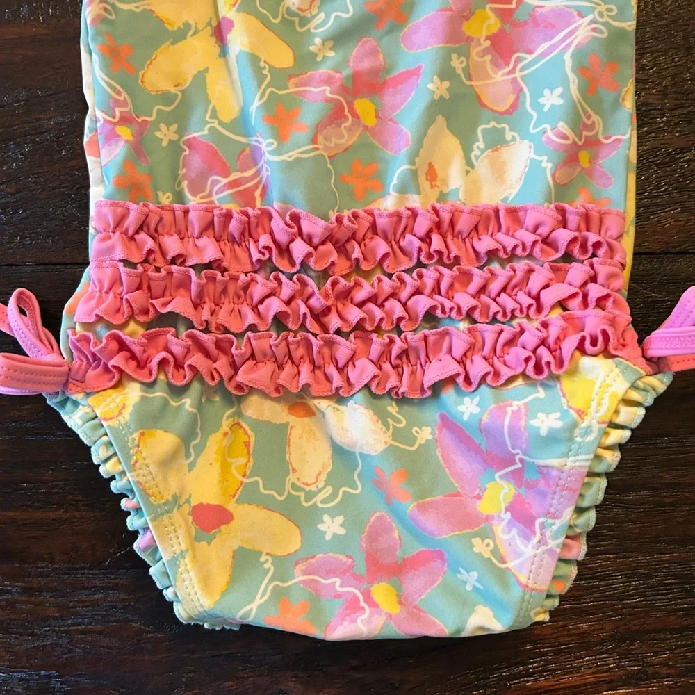 Ruffle Butts Pastel Pink / Aqua Floral Long Sleeve One piece Swimsuit Rash Guard